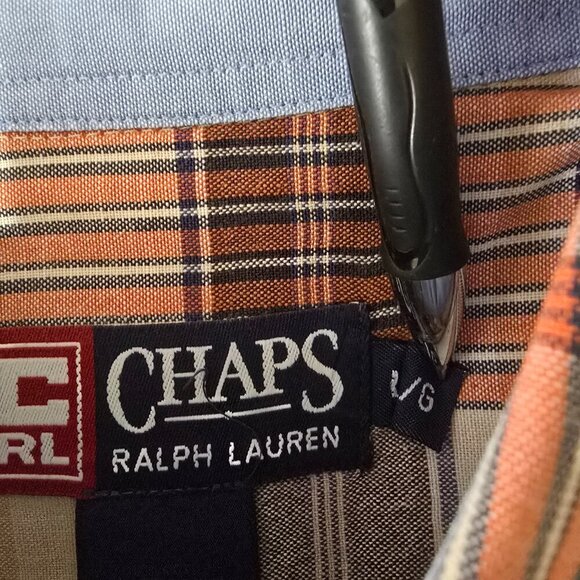 CHAPS BY RALPH LAUREN SHORT SLEEVE BUTTON DOWN ORANGE AND BLUE PLAID LARGE - Picture 6 of 7